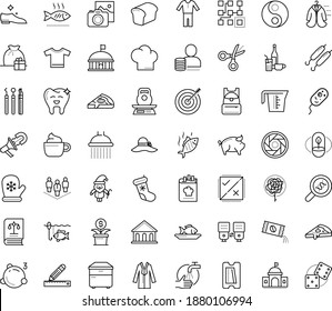Thin outline vector icon set with dots - wash hands vector, santa, gloves, gift bag, christmas stocking, Photo services, Clustering, AI Decision, Pencil and ruler, Scissors, Sharpener, woman hat