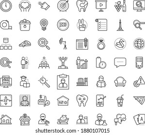 Thin outline vector icon set with dots - santa sleigh vector, winner, victory, career growth, innovation, Winemaking, Keyword, Landing page, Target keywords, SEO monitoring, Self learning, Audience