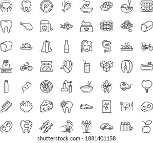 Thin outline vector icon set with dots - champion vector, Guitar playing, sneakers, Fish, Salad, seafood, vegetarian, bread, Bike Child seat, pet trailer, caring, steak, sardine, perch, eel, caviar