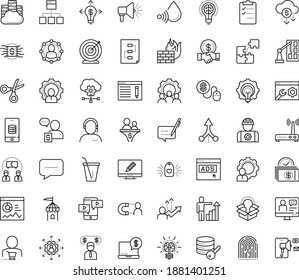 Thin outline vector icon set with dots - goal vector, career growth, outsourcing, SEO copywriting, Pay per click, Online coaching, Entrepreneur, Business opportunity, Team building, Big data, Puzzle