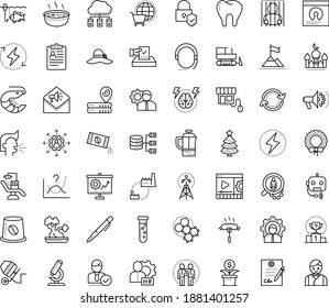 Thin outline vector icon set with dots - sneezing vector, christmas wreath, tree, attainment, competition, hr manager, outsourcing, policies, services, Social campaign, Brain storm, Pen, Video maker