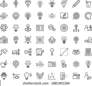 Thin outline vector icon set with dots - innovation vector, Car repair service, SEO copywriting, Creative campaign, Entrepreneurship, Business Company, Collaborative idea, Brain storm, Priority