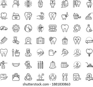 Thin outline vector icon set with dots - quarantine vector, fever, medical mask, muscle pain, Lawnmower, Watering can, Garden hose, Gardening tools, Spray bottle, babysitting service, Real estate