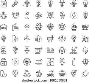 Thin outline vector icon set with dots - innovation vector, Entrepreneurship, Idea, great solution, Creative process, Table lamp, creativity, electric bycicle, fintech, Commerce solutions, factory