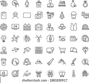 Thin outline vector icon set with dots - headache vector, christmas tree, Bucket, Hand saw, human Resour es, Photo services, Hairdressing salon, Marketing budget, Distance Exam, Binder clip, Idea
