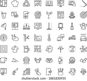 Thin outline vector icon set with dots - angel vector, christmas stocking, goal, Rake, Scythe, Car wash service, Video marketing, Interactive Course, training, Online coaching, Game based Learning