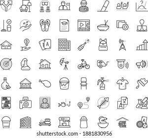Thin outline vector icon set with dots - champagne vector, growth, Bucket, Spray bottle, seeds, Cleaning service, Translation, Social campaign, Team building, Eraser, Binder clip, Video maker, house