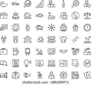 Thin outline vector icon set with dots - medical mask vector, avoid contacts, hr software, job interview, Car repair service, Marketing analytics, Website optimization, AI Robot, Livestream, Easel