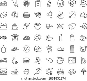 Thin outline vector icon set with dots - candy cane vector, seeds, restaurant menu, chef dish, BBQ and Grill, Salad, burger, sandwich, bread, Seafood, fish steak, eel, oyster, tuna, octopus, grilled