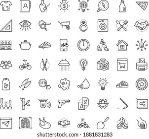 Thin outline vector icon set with dots - holly vector, Scythe, Gardening scissors, Translation service, Asynchronous Learning, Vision, Idea, DSLR camera, wheelbarrow, trowel, leader, handshake, app