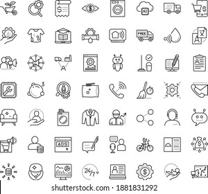 Thin outline vector icon set with dots - hr software vector, policies, services, Plumbing service, Laundry, Cleaning, Delivery, babysitting, Translation, Garden, Computer repair, Web analytics, suit