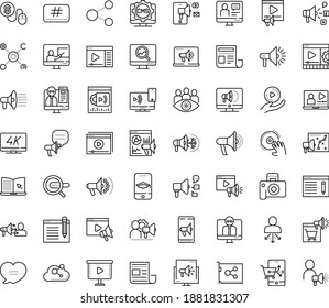 Thin Outline Vector Icon Set With Dots - SEO Copywriting Vector, Search Engine, Video Marketing, Social Media, Monitoring, Digital, Campaign, Mobile, Pay Per Click, Analytics, ELearning, Tutorial