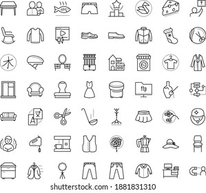 Thin outline vector icon set with dots - chills vector, christmas stocking, referral, Translation service, Hairdressing salon, Ranking, Video marketing, Algorithm, Scissors, Origami, Clothes, jeans