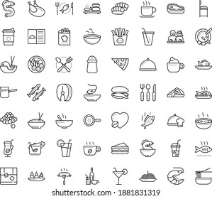 Thin outline vector icon set with dots - restaurant menu vector, starters, Soup, Fish, main dish, chef, Beverage, Pasta, Pizza, drinks, sandwich, seafood, chicken, dating, mussel, steak, sardine