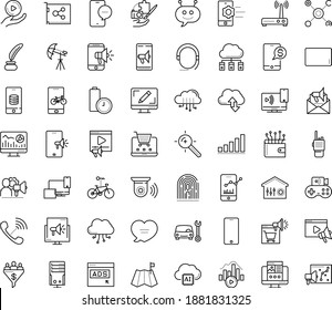 Thin outline vector icon set with dots - Car repair service vector, Landing page, Video marketing, Web analytics, Target keywords, Mobile, Webdesign, Email, Chat Bot, Game streaming, Adaptive, call