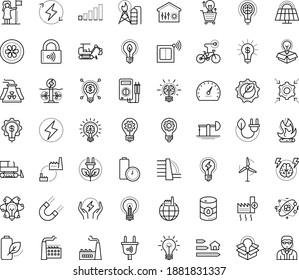 Thin outline vector icon set with dots - innovation vector, successful woman, Electronics repair, Entrepreneurship, Brain storm, Idea, Creative process, excavator, bulldozer, creativity, speedometer