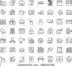 Juego de iconos vectoriales de contorno delgado con puntos - permanencia vectorial de casa, autoaislamiento, servicio de limpieza, Inmobiliaria, Aprendizaje basado en juegos, Empresa de negocios, Plan de propiedades, rodillo de pintura, herramientas, casa, ventana