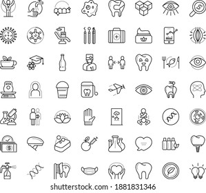 Thin outline vector icon set with dots - coronavirus vector, virus, social distancing, self isolation, medical mask, wash hands, muscle pain, champion, vision, Bucket, Garden gloves, Spray bottle