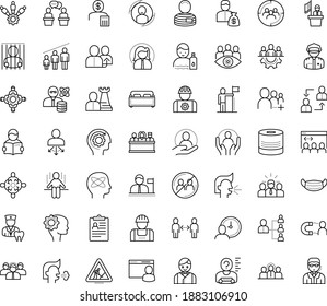Thin outline vector icon set with dots - social distancing vector, medical mask, avoid contacts, sneezing, cough, stay hydrated, success, teamwork, cooperation, referral, hr planning, policies, User