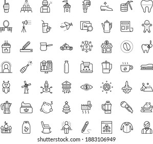 Thin outline vector icon set with dots - quarantine vector, santa sleigh, champagne, christmas tree, gingerbread man, area of specialization, outsourcing, Disinfection service, Webinar, AI Robot
