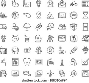 Thin outline vector icon set with dots - quarantine vector, Santa gloves, career growth, innovation, Real estate service, SEO copywriting, Video marketing, Distance teacher, Self learning, Chat Bot