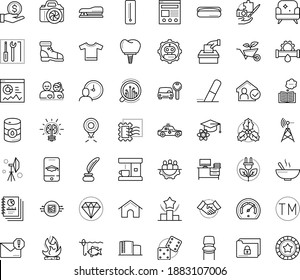 Thin outline vector icon set with dots - stay home vector, holly, Plumbing service, Car rental, Garden, Spam, Ranking, Mobile Learning, Partnership, Trademark, Semantic Analysis, Eraser, Stapler