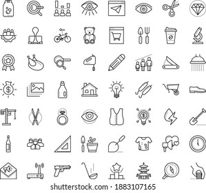 Thin Outline Vector Icon Set With Dots - Teddy Bear Vector, Award, Vision, Shovel, Gardening Scissors, Tools, Keyword, Ranking, Pencil, Binder Clip, Idea, Man Shoes, Vest, Tower Crane, Wheelbarrow