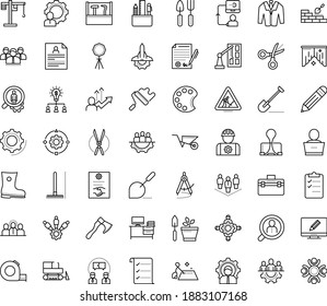 Thin outline vector icon set with dots - teamwork vector, Shovel, Rake, Wheelbarrow, Gardening scissors, Rubber boots, tools, permanent recruitment, hr services, resume, Collaborative idea, Pencil