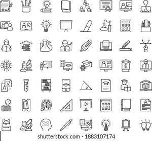 Thin outline vector icon set with dots - resume vector, Translation service, Distance Learning, Exam, Interactive Course, Online Training, Video, teacher, Asynchronous, electronic Book, coaching
