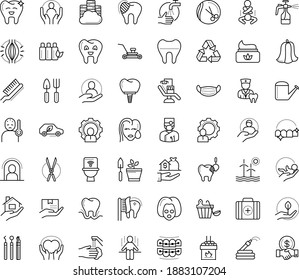 Thin outline vector icon set with dots - quarantine vector, fever, medical mask, wash hands, muscle pain, Lawnmower, Watering can, Gardening scissors, Garden hose, tools, Spray bottle, Real estate