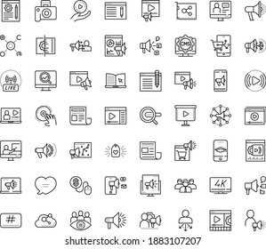 Thin outline vector icon set with dots - SEO copywriting vector, Search engine, Video marketing, Social media, monitoring, Digital, campaign, Mobile, Pay per click, Blog management, analytics, maker