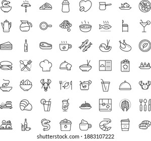 Thin outline vector icon set with dots - restaurant menu vector, starters, Fish, main dish, chef, Beverage, Pasta, Salad, drinks, sandwich, seafood, chicken, vegetarian, dating, mussel, sardine, eel