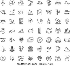 Thin outline vector icon set with dots - elk vector, holly, Gardening, fertilizer, seeds, Garden service, Fishing, Hunting, Camping, vegetarian, flower basket, rose, dove, bouquet, Seafood, mussel