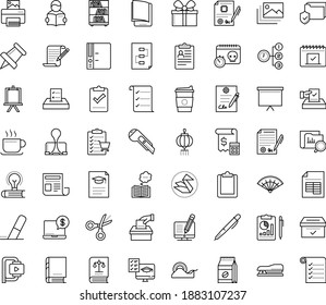 Thin outline vector icon set with dots - hr policies vector, Copywriting, Distance Exam, electronic Book, Priority, Pen, Board stand, Folder, Eraser, Clipboard, Pin, Stapler, Scissors, Scotch tape