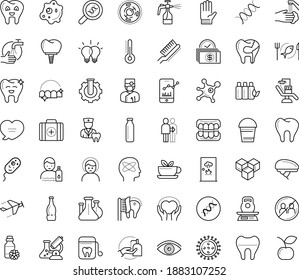 Thin outline vector icon set with dots - coronavirus vector, headache, wash hands, disinfect, avoid contacts, stay hydrated, vision, Bucket, Garden gloves, Spray bottle, Aeromodeling, seafood, crown