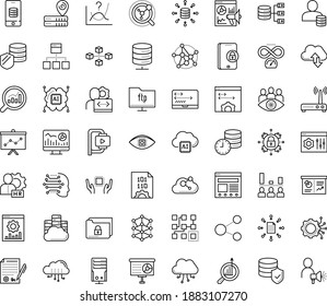 Thin outline vector icon set with dots - hr manager vector, Web analytics, Marketing research, Presentation, Website optimization, Business Planning, Machine learning, AI Architecture, Clustering