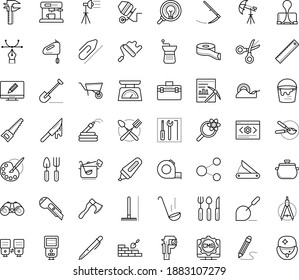 Juego de iconos vectoriales de contorno delgado con puntos - Vector de palas, Torta, Cuchillo, Visera de mano, Manguera de jardín, Herramientas de jardinería, podadora, Mina de datos, Paperclip, Pluma, Tijeras, Cinta escocesa, Marcador, Cutter cuchillo, curva
