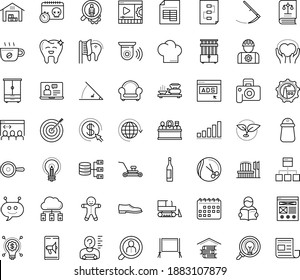 Thin outline vector icon set with dots - gingerbread man vector, Scythe, Lawnmower, Plant, permanent recruitment, hr services, Hairdressing salon, Mobile marketing, Computer Based Training, Chat Bot
