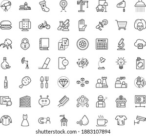 Thin outline vector icon set with dots - christmas stocking vector, Garden gloves, Gardening tools, job interview, hr strategy, Laundry service, Disinfection, Translation, Marketing budget, Chat Bot