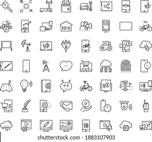 Thin outline vector icon set with dots - Car repair service vector, Video marketing, Web analytics, Target keywords, Webdesign, Digital, Mobile Learning, Algorithm, Chat Bot, blog, Game streaming