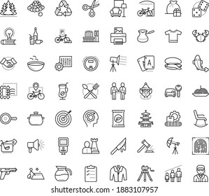 Thin outline vector icon set with dots - elf vector, gift bag, fertilizer, hr strategy, Car rental, Partnership, Scissors, Stamps collecting, suit, t shirt, Soup, Pasta, bicycle parking, Bike map