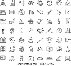 Thin outline vector icon set with dots - disinfect vector, champagne, angel, Garden hose, hr planning, employee relations, solutions, Content management, Small business, Autonomous, AI Robot, Pen