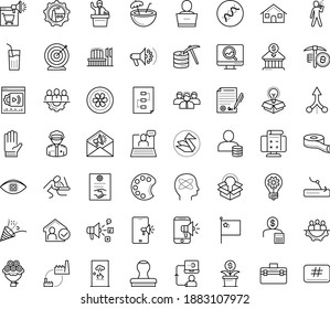 Juego de íconos vectoriales de contorno delgado con puntos: permanecer como vectores de casa, vómitos, objetivo, celebración, innovación, guantes de jardín, marketing móvil, medios sociales, monitoreo de SEO, campaña, visión informática, seminario web