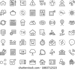 Thin outline vector icon set with dots - Bucket vector, outsourcing, Spam, Web Link, Ranking, Trademark, Calculator, Video streaming, media player, Astronomy, Clothes, toolbox, leader, Bike padlock