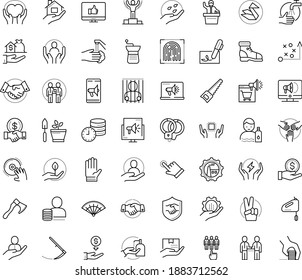 Thin outline vector icon set with dots - wash hands vector, disinfect, stay hydrated, winner, victory, tactics, Scythe, Hand saw, Garden gloves, seeds, hr department, recruiter, Services, Mobile, DJ