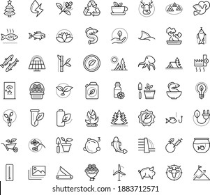 Thin outline vector icon set with dots - elk vector, christmas tree, Gardening, Plant, Garden service, Aquarium, Fishing, Hunting, Camping, vegetarian, flower basket, dove, bouquet, Seafood, sardine