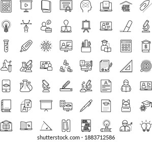 Thin outline vector icon set with dots - resume vector, Translation service, eLearning, Computer Based Training, Distance Learning, Exam, Interactive Course, Online, Video, Asynchronous, Blended