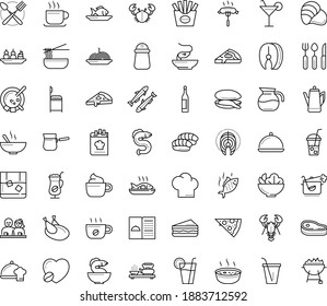 Icono de vector de contorno delgado con puntos - menú de restaurante vectorial, entrantes, pescado, plato principal, chef, Bebida, Pasta, Pizza, Ensalada, bebidas, sándwich, pollo, citas, mariscos, mejillón, filete, sardina