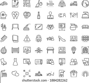 Thin outline vector icon set with dots - Santa gloves vector, Garden hose, referral, hr software, Hairdressing salon, Video marketing, Interactive Course, Online Training, electronic Book, Fishing