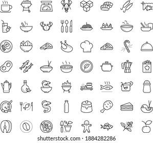 Thin outline vector icon set with dots - gingerbread man vector, candy cane, Gardening, starters, Soup, main dish, BBQ and Grill, Pasta, Salad, sandwich, seafood, dessert, chicken, breakfast, perch